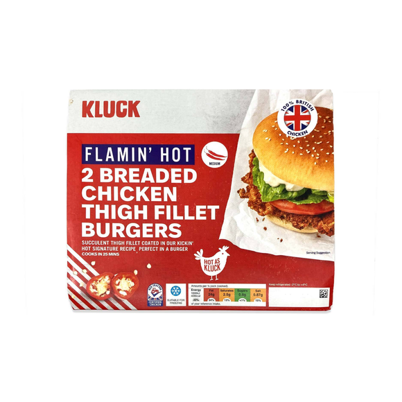 Br: Kluck 2 Flamin' Hot Breaded Chicken Thigh Fillet Burgers 315g